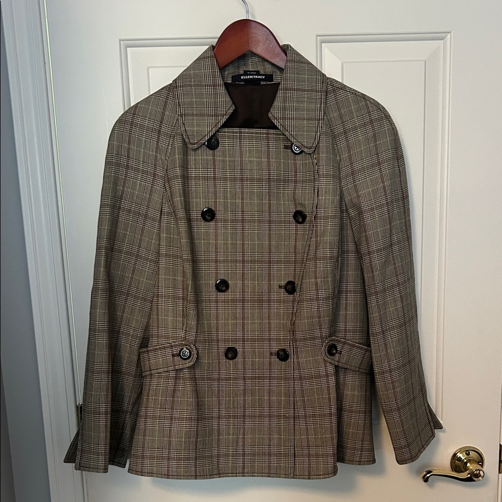 Ellen Tracy Tan Plaid Double-Breasted Blazer